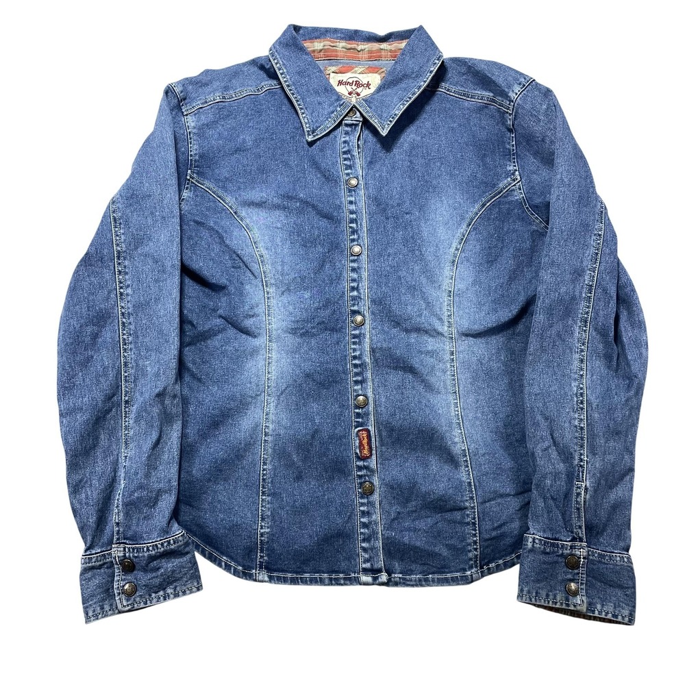 Hard Rock Shirt Womens XL Blue Denim Snap Button Long Sleeve Top Plaid Stretch
